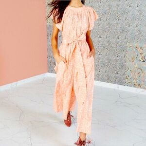 Ulla Johnson Coralie Blush Batik Pink Coral Cotton Jumpsuit Pockets Belted 2